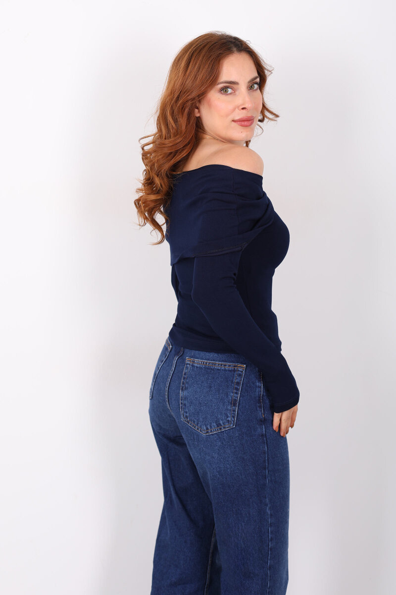 Yuvarlak Yaka Fiyonk Detaylı Kadın Lacivert Bluz - 2