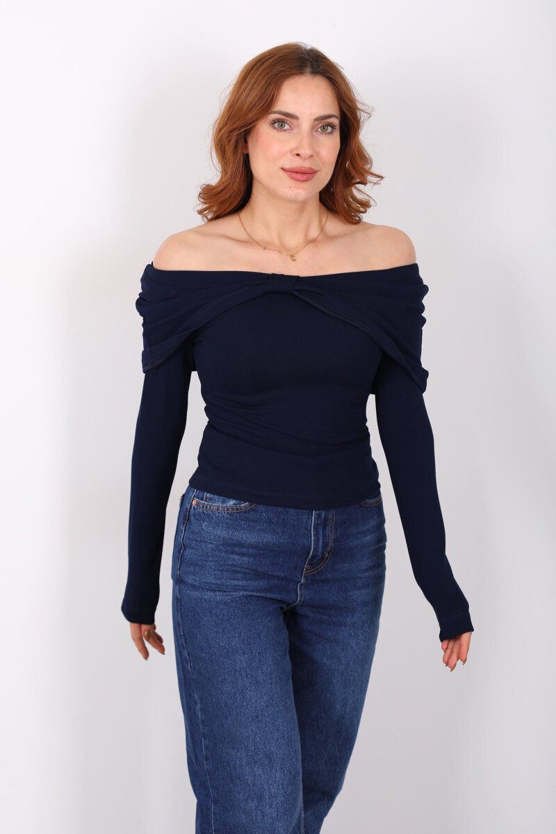 Yuvarlak Yaka Fiyonk Detaylı Kadın Lacivert Bluz - 6