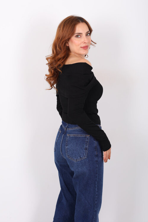 Yuvarlak Yaka Fiyonk Detaylı Kadın Siyah Bluz - 5