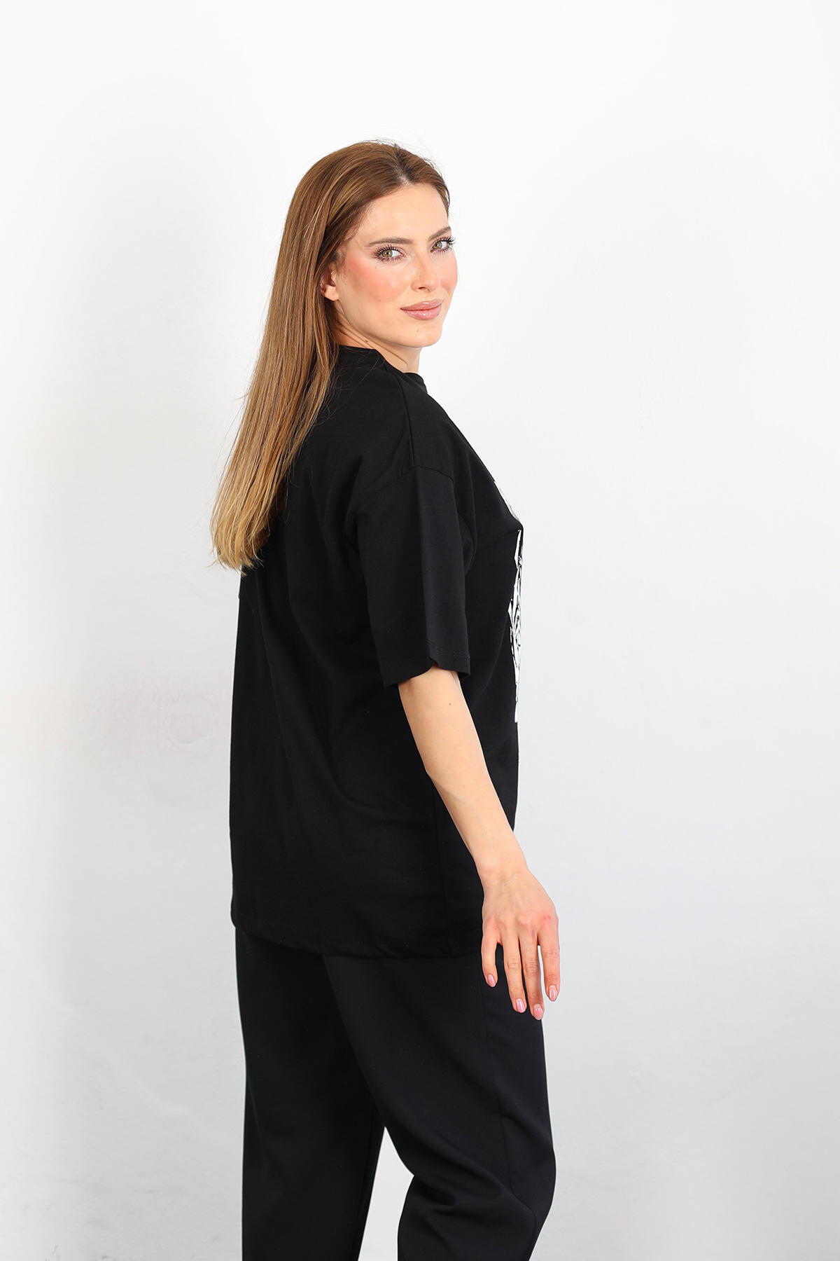 Zebra Baskılı Oversize Siyah Kadın T-shirt
