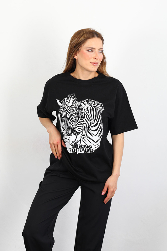Zebra Baskılı Oversize Siyah Kadın T-Shirt - 2