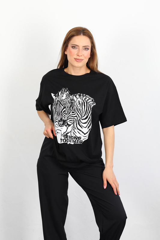 Zebra Baskılı Oversize Siyah Kadın T-Shirt - 1