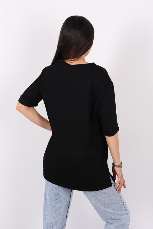 Zebra Desen Altın Pullu Kısa Kol Siyah Kadın Oversize T-Shirt - 2