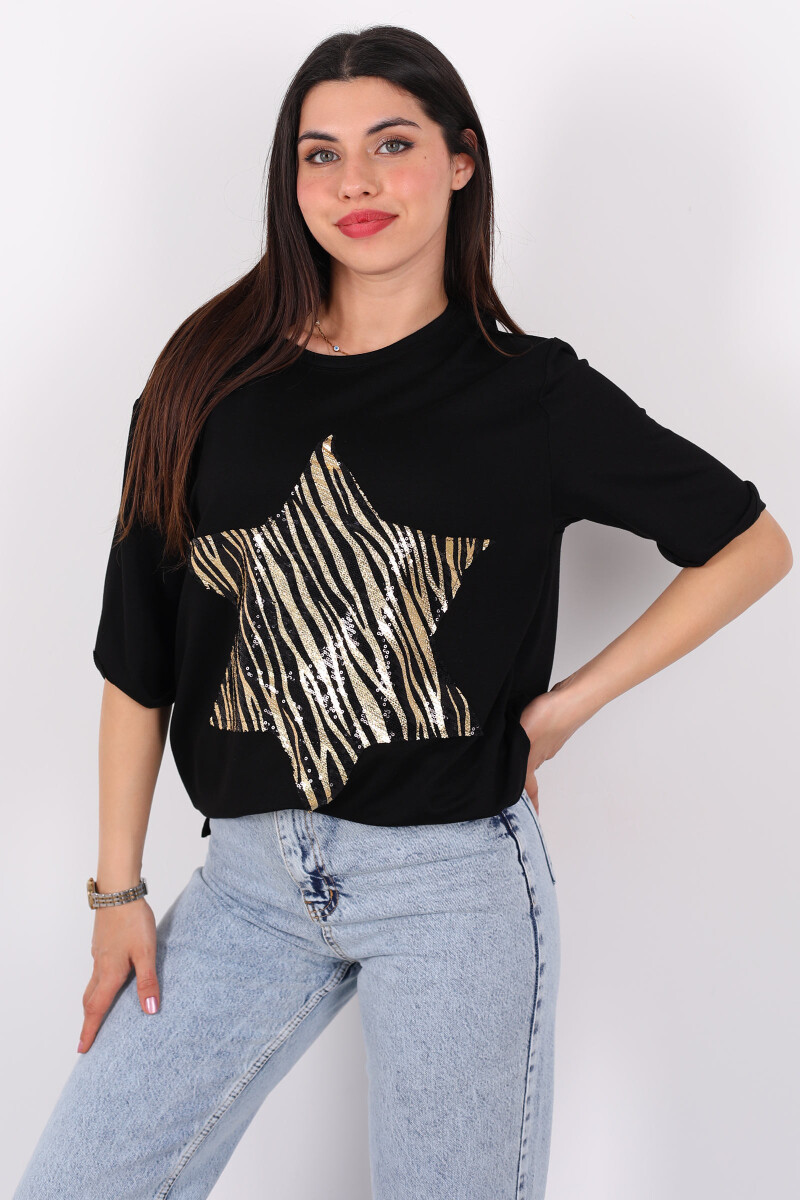 Zebra Desen Altın Pullu Kısa Kol Siyah Kadın Oversize T-Shirt - 1
