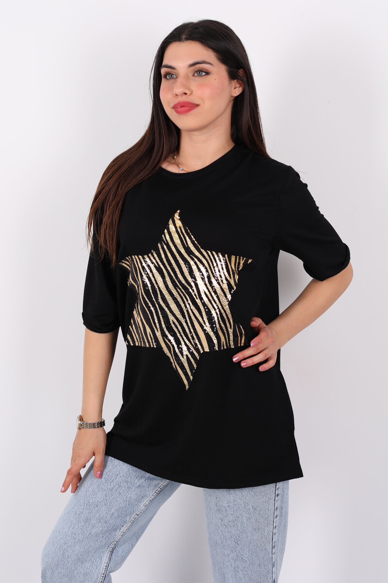 Zebra Desen Altın Pullu Kısa Kol Siyah Kadın Oversize T-Shirt - 3