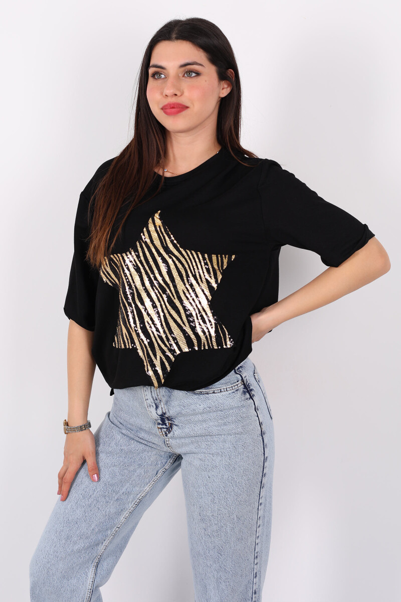 Zebra Desen Altın Pullu Kısa Kol Siyah Kadın Oversize T-Shirt - 4