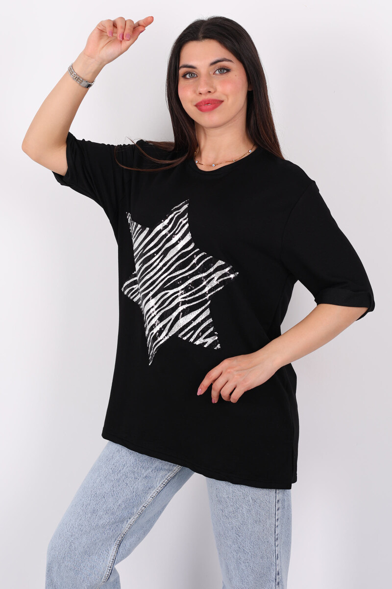 Zebra Desen Gümüş Pullu Kısa Kol Siyah Kadıın Oversize T-Shirt - 3