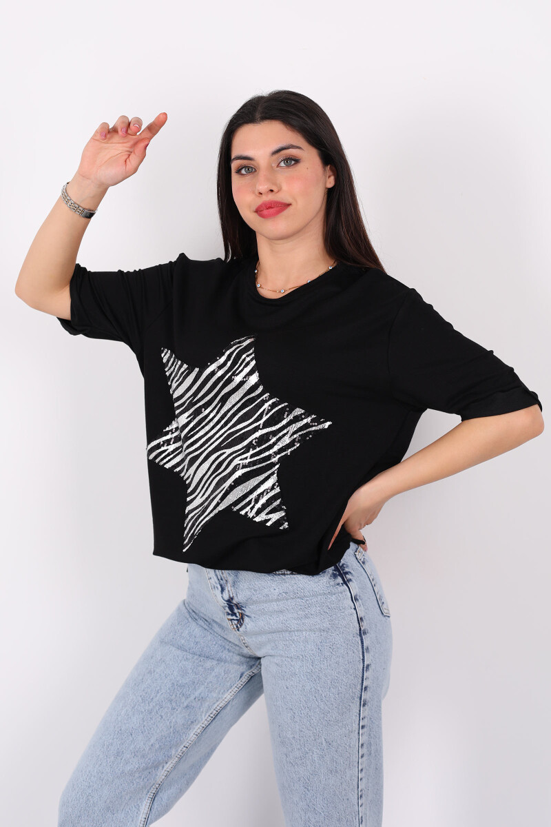 Zebra Desen Gümüş Pullu Kısa Kol Siyah Kadıın Oversize T-Shirt - 4