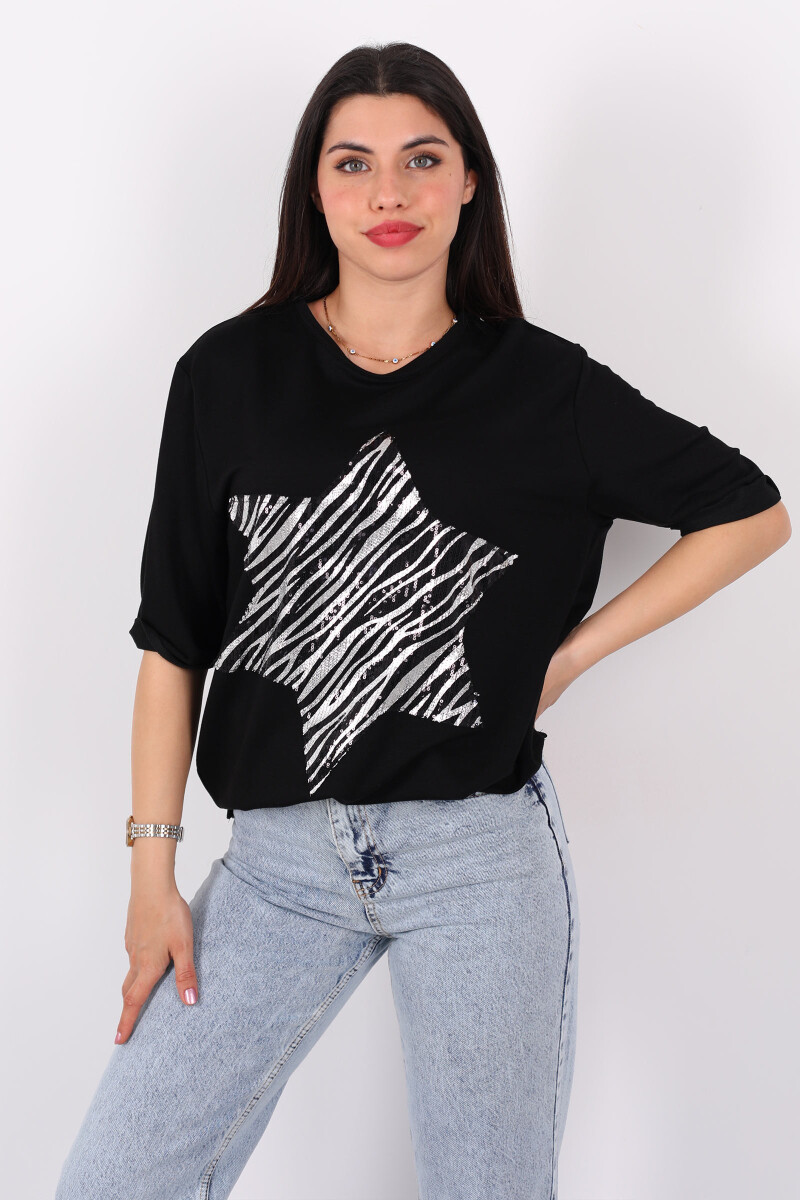 Zebra Desen Gümüş Pullu Kısa Kol Siyah Kadıın Oversize T-Shirt - 1