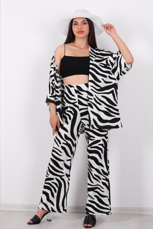 Zebra Desen Kadın Siyah Kimono Takım 