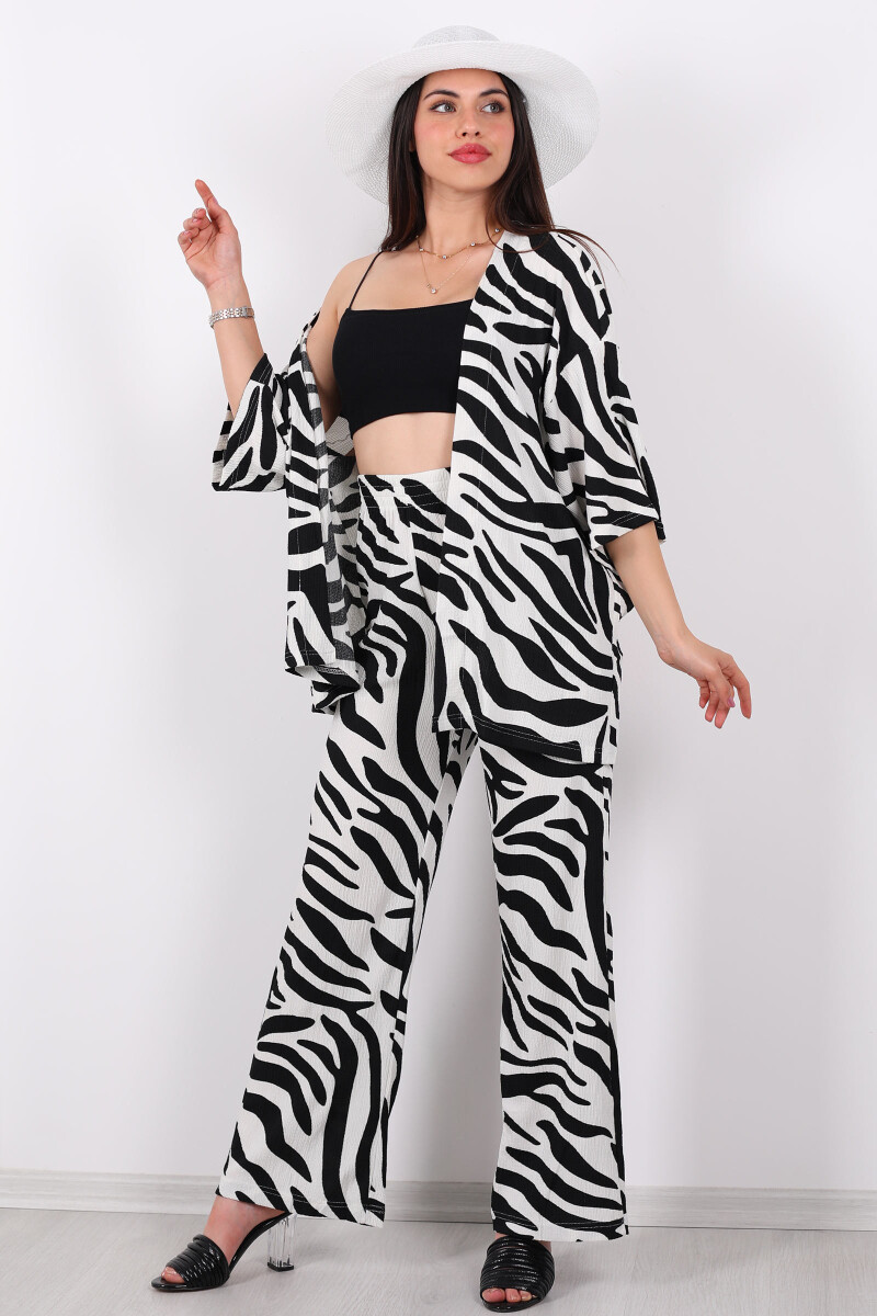 Zebra Desen Kadın Siyah Kimono Takım - 4