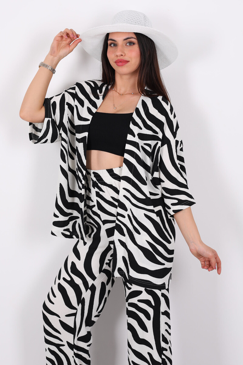 Zebra Desen Kadın Siyah Kimono Takım - 5