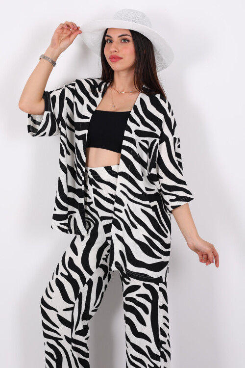 Zebra Desen Kadın Siyah Kimono Takım - 3