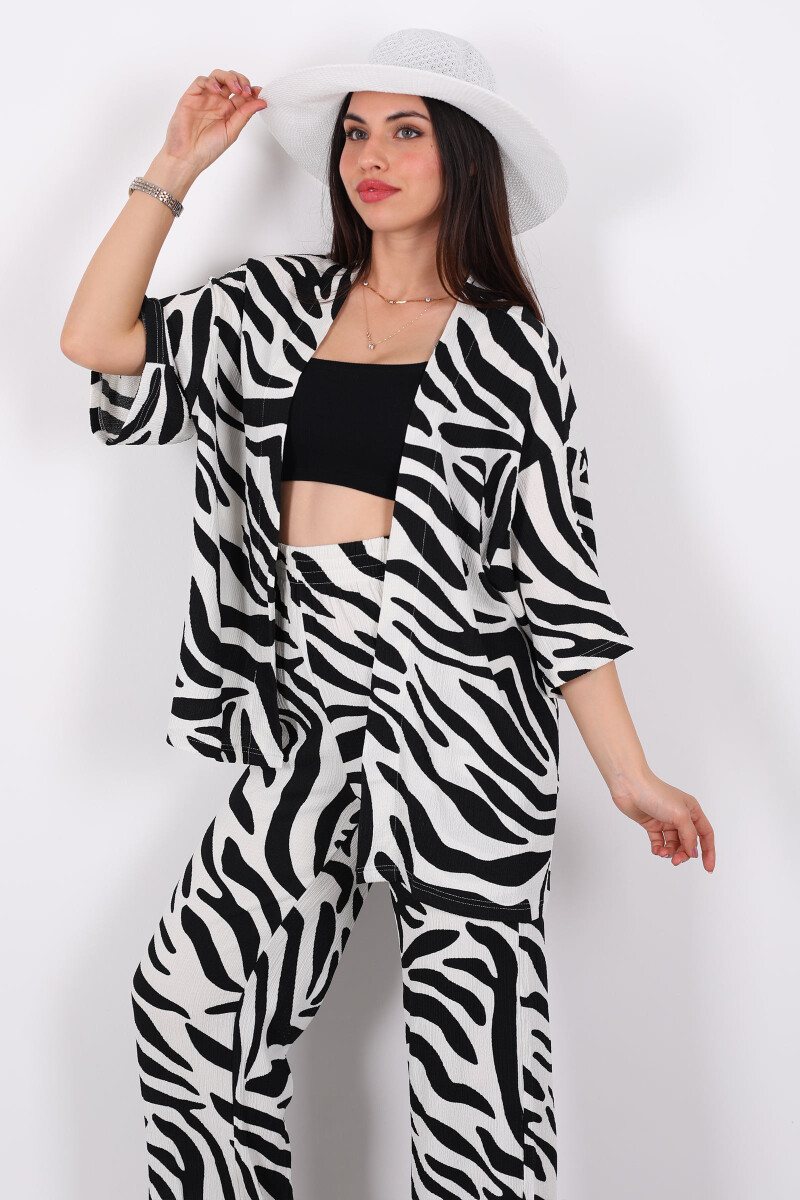 Zebra Desen Kadın Siyah Kimono Takım - 3