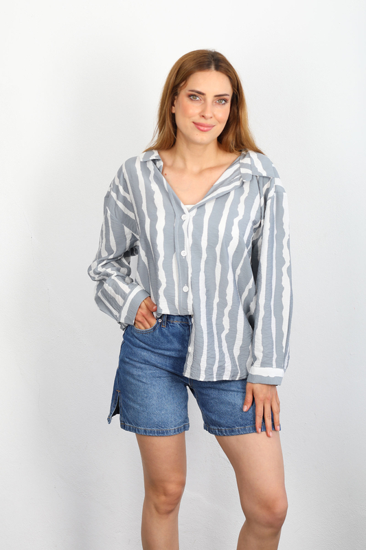 Zebra Desen Lilyum Kumaş Gri Kadın Gömlek - 1