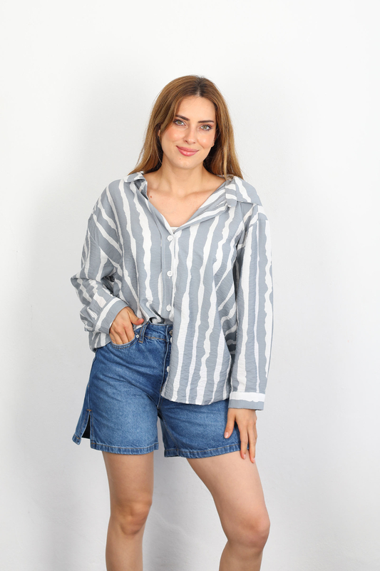 Zebra Desen Lilyum Kumaş Gri Kadın Gömlek - 2
