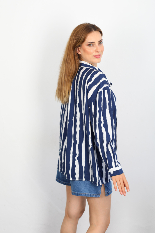 Zebra Desen Lilyum Kumaş Lacivert Kadın Gömlek - 4