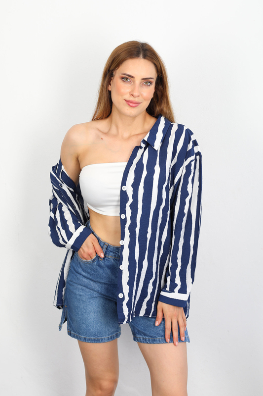 Zebra Desen Lilyum Kumaş Lacivert Kadın Gömlek - 2