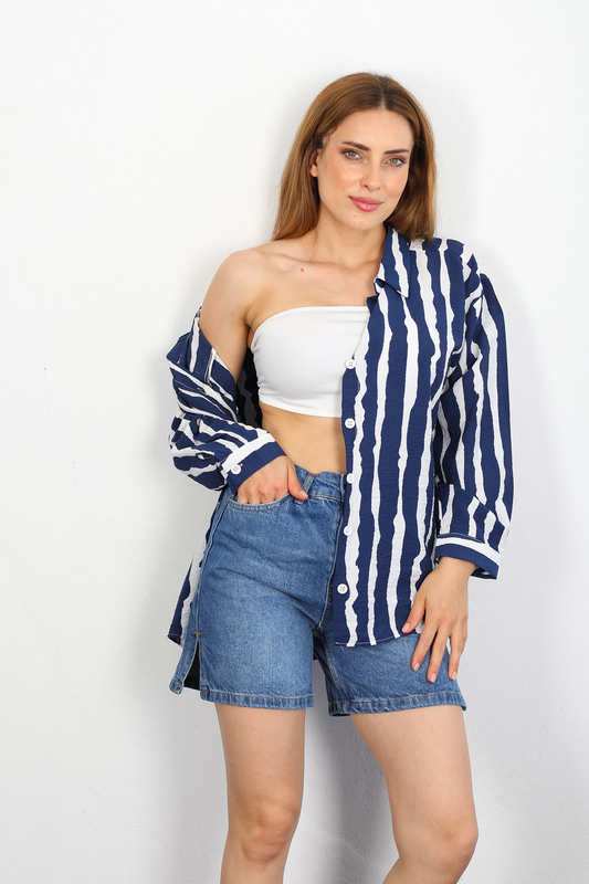 Zebra Desen Lilyum Kumaş Lacivert Kadın Gömlek - 3
