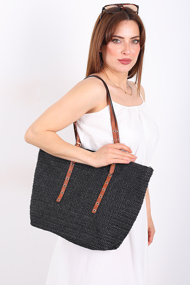 Zımba Detaylı Siyah Hasır Çanta - 1