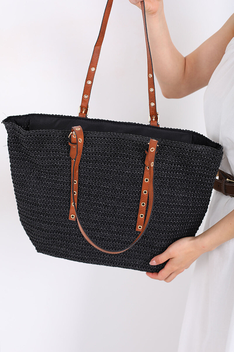 Zımba Detaylı Siyah Hasır Çanta - 3