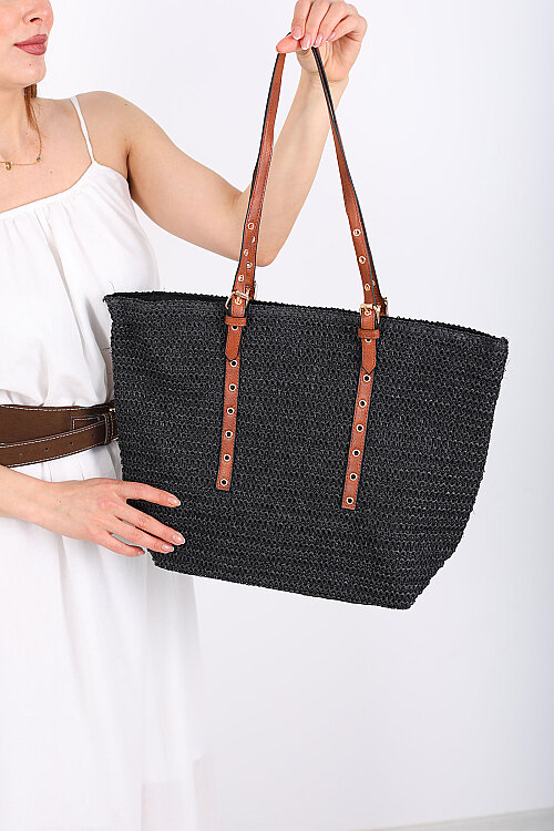 Zımba Detaylı Siyah Hasır Çanta - Berox (1)