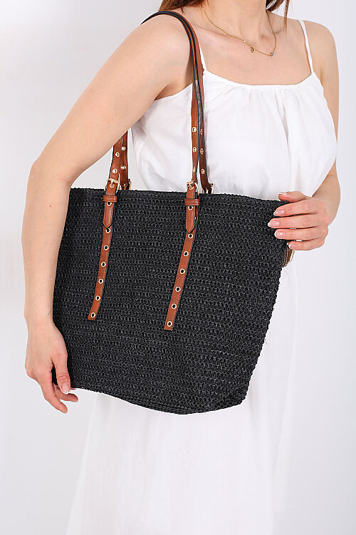 Zımba Detaylı Siyah Hasır Çanta - 4