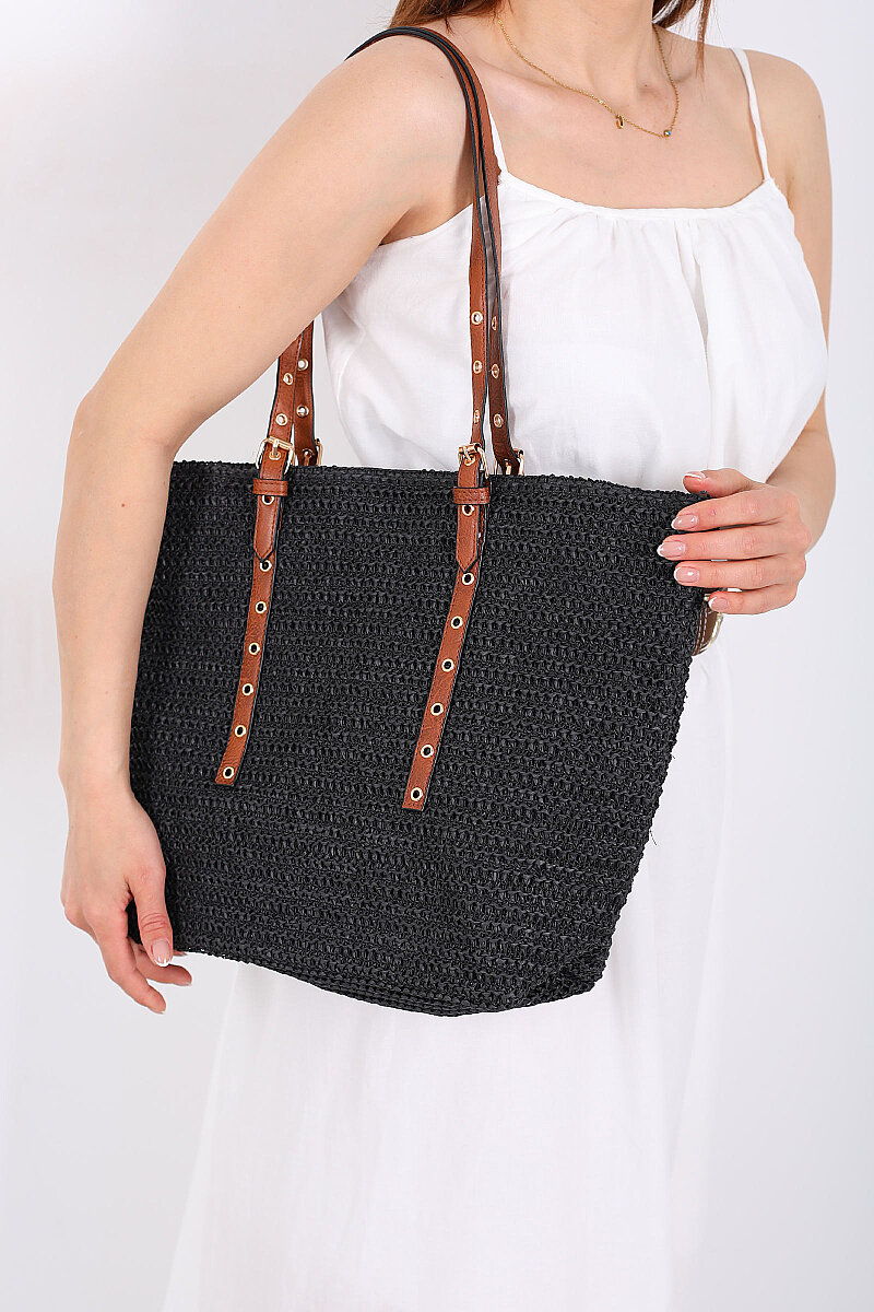 Zımba Detaylı Siyah Hasır Çanta - 4