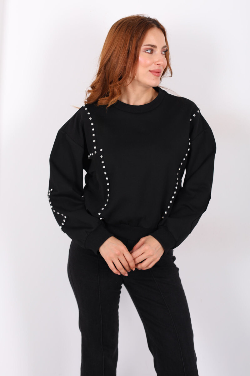 Zımba Detaylı Siyah Kadın Sweat - 1