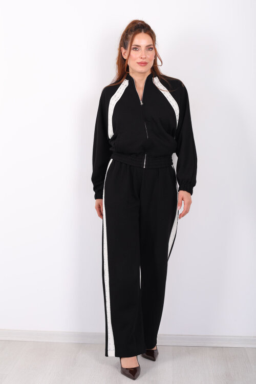 Zımbalı Biyeli Fermuarlı Siyah Kadın Takım - 7