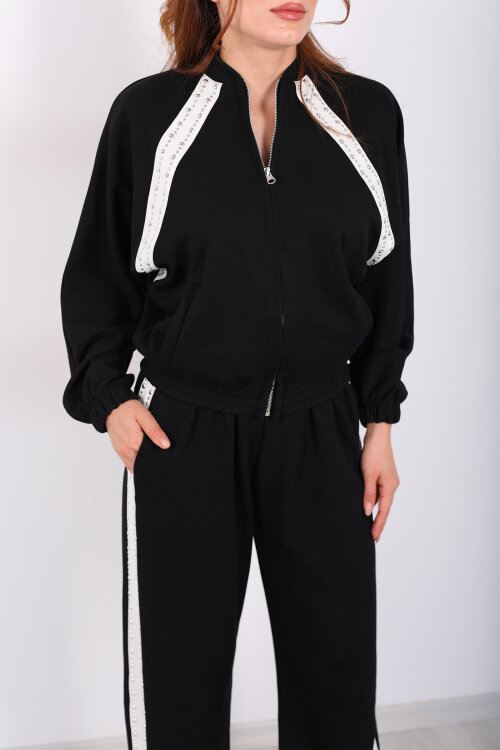 Zımbalı Biyeli Fermuarlı Siyah Kadın Takım - Berox (1)