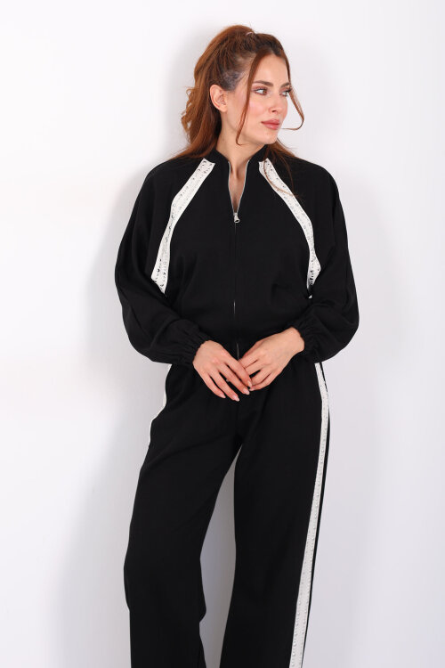 Zımbalı Biyeli Fermuarlı Siyah Kadın Takım - 6