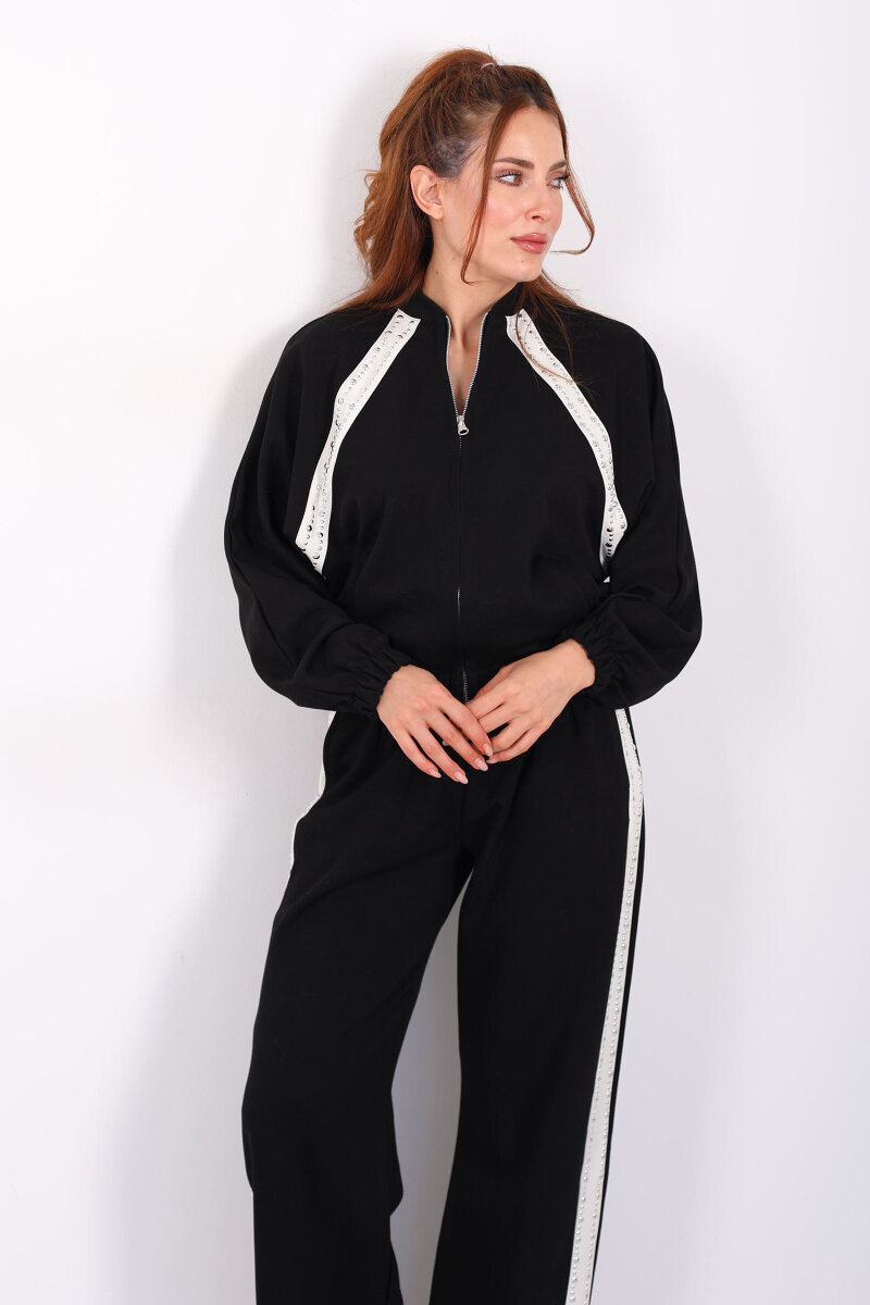 Zımbalı Biyeli Fermuarlı Siyah Kadın Takım - 6