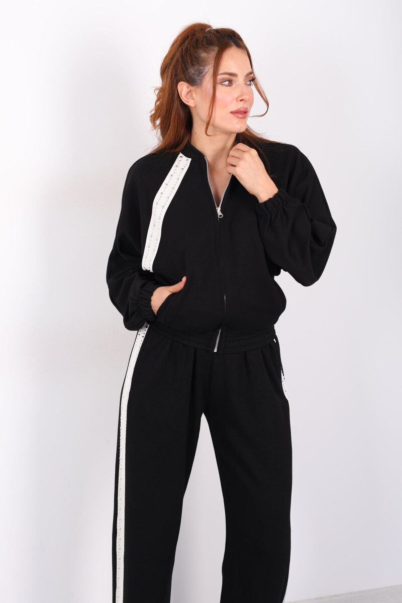 Zımbalı Biyeli Fermuarlı Siyah Kadın Takım - 1