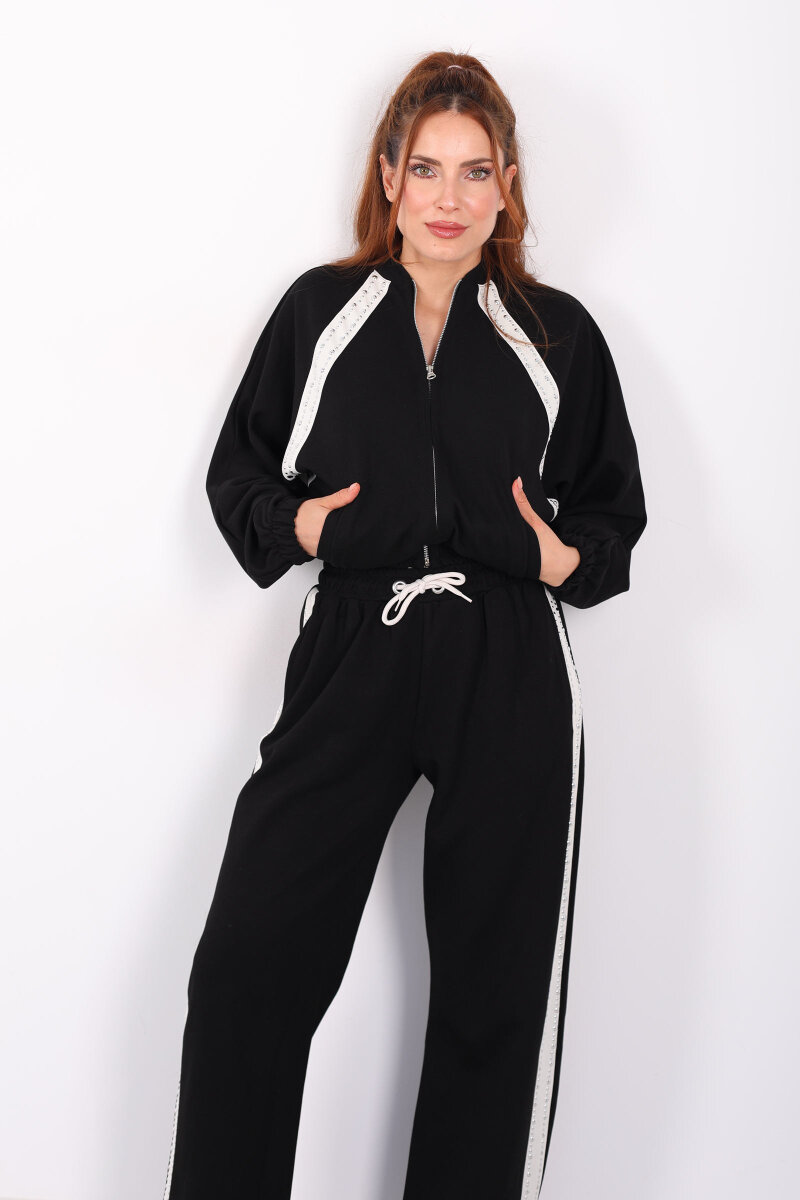 Zımbalı Biyeli Fermuarlı Siyah Kadın Takım - 4