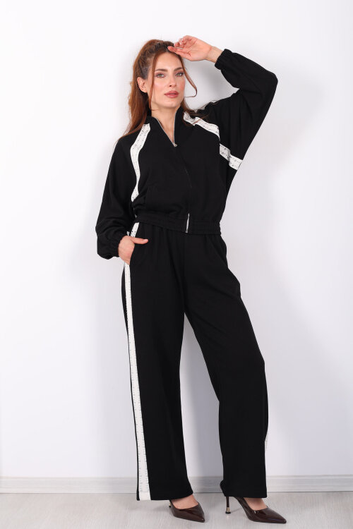 Zımbalı Biyeli Fermuarlı Siyah Kadın Takım - 3