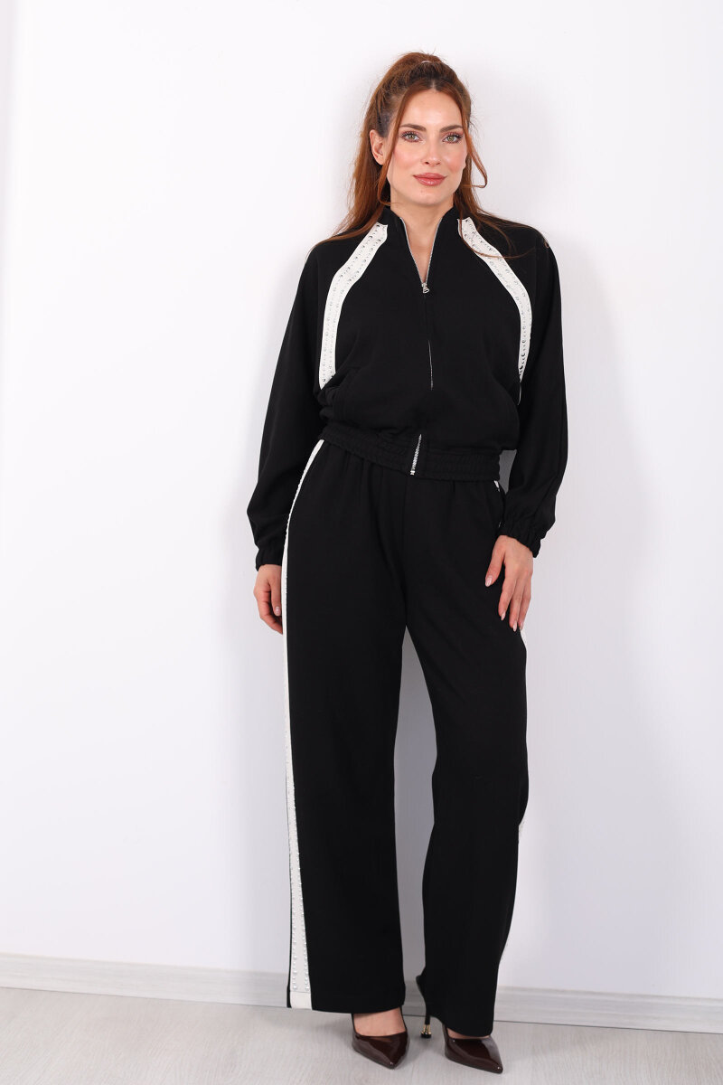 Zımbalı Biyeli Fermuarlı Siyah Kadın Takım - 5