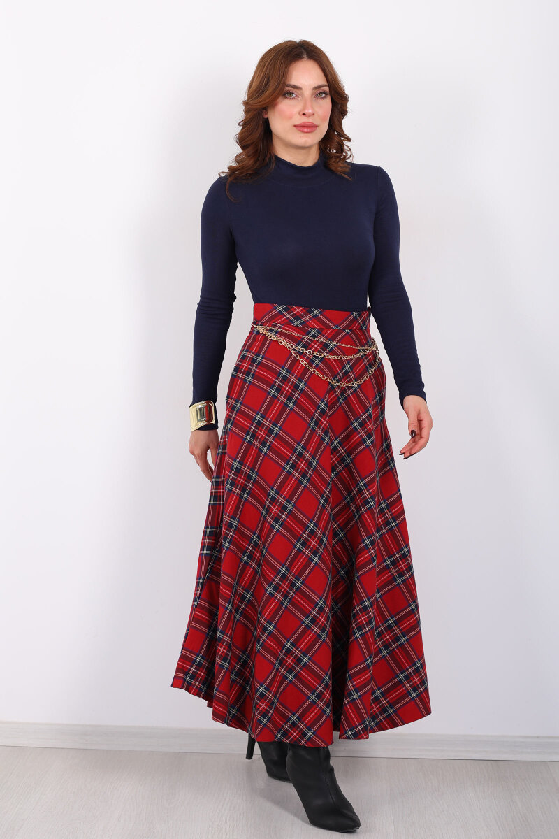 Zincir Kemerli Ekose Desen Kırmızı Kadın Midi Etek - 7