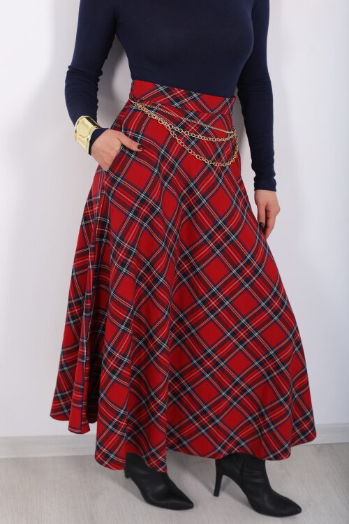 Zincir Kemerli Ekose Desen Kırmızı Kadın Midi Etek - Berox (1)