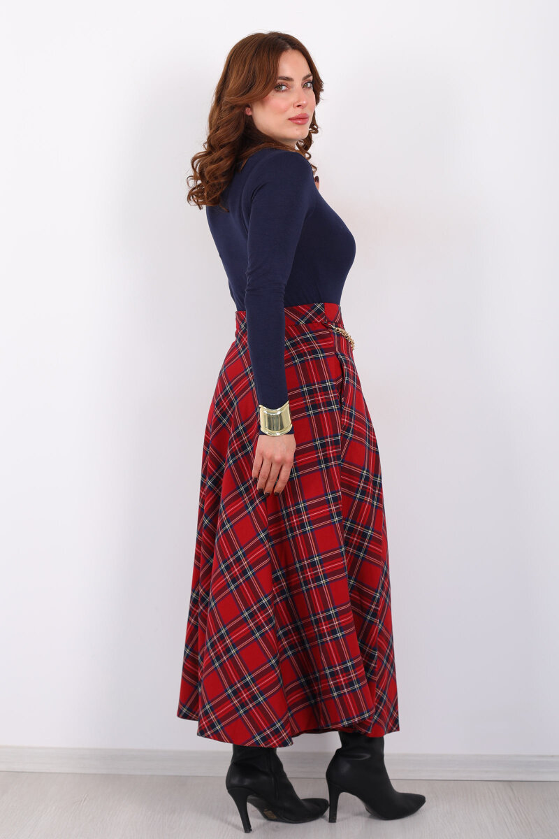 Zincir Kemerli Ekose Desen Kırmızı Kadın Midi Etek - 6