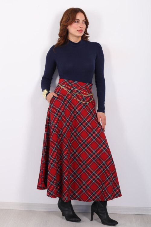 Zincir Kemerli Ekose Desen Kırmızı Kadın Midi Etek - Berox