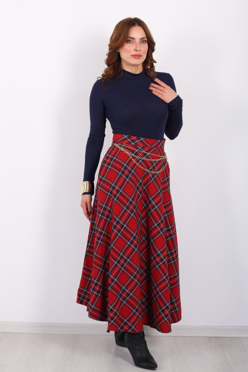 Zincir Kemerli Ekose Desen Kırmızı Kadın Midi Etek - 4