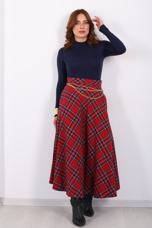 Zincir Kemerli Ekose Desen Kırmızı Kadın Midi Etek - 3