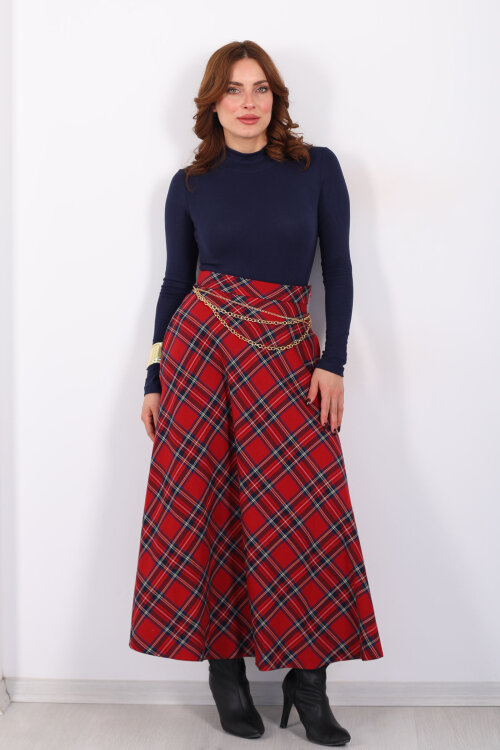 Zincir Kemerli Ekose Desen Kırmızı Kadın Midi Etek - 5