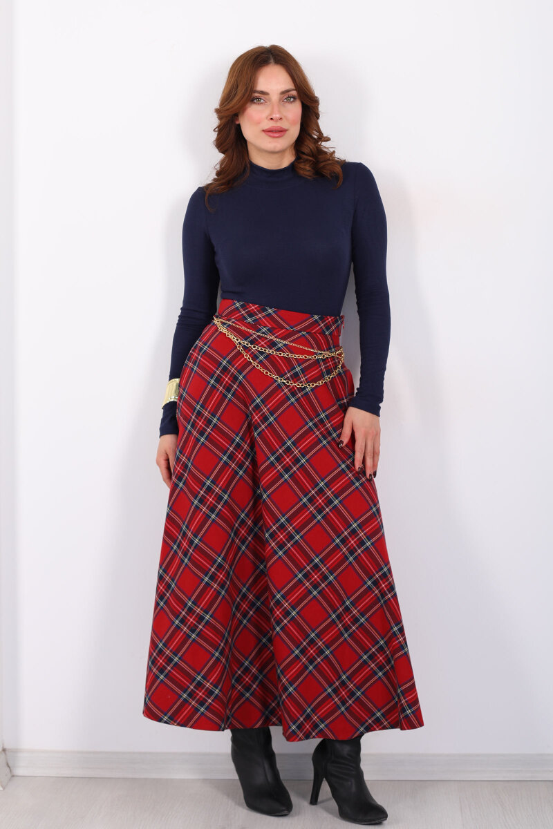 Zincir Kemerli Ekose Desen Kırmızı Kadın Midi Etek - 5